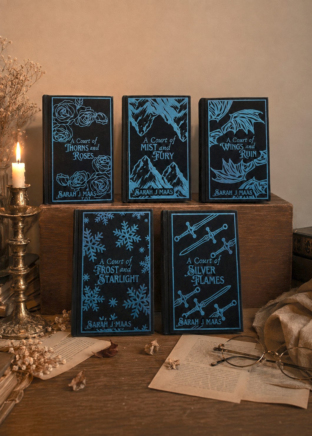 A Court of Thorns and Roses rebind, dark blue cotton with blue foil