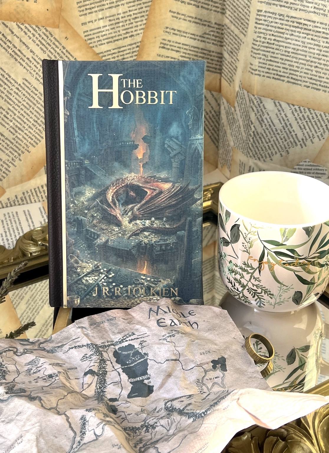 The Hobbit custom cover with brown faux leather, printed canvas and gold htv