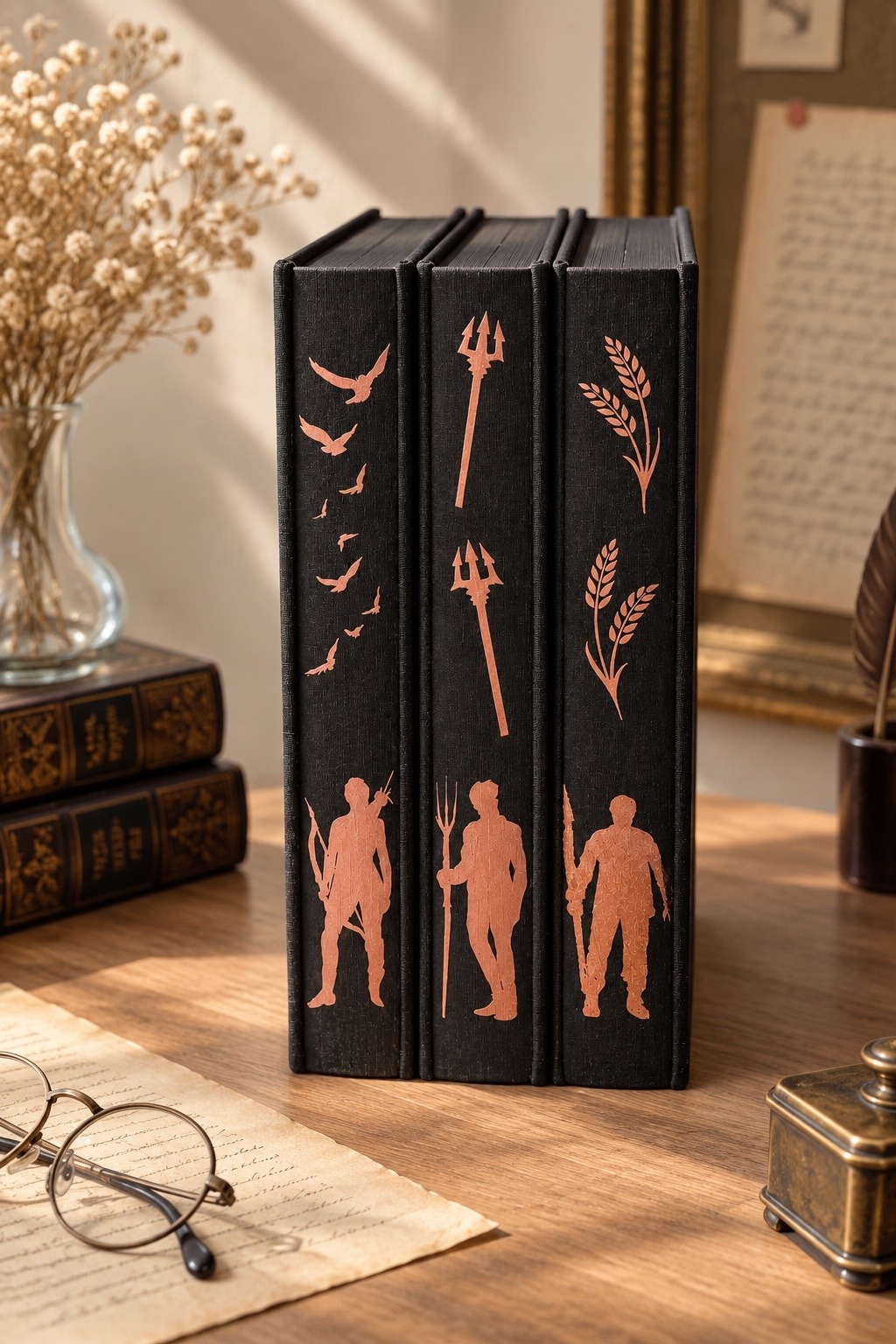 The Hunger Games trilogy with custom art on book edges
