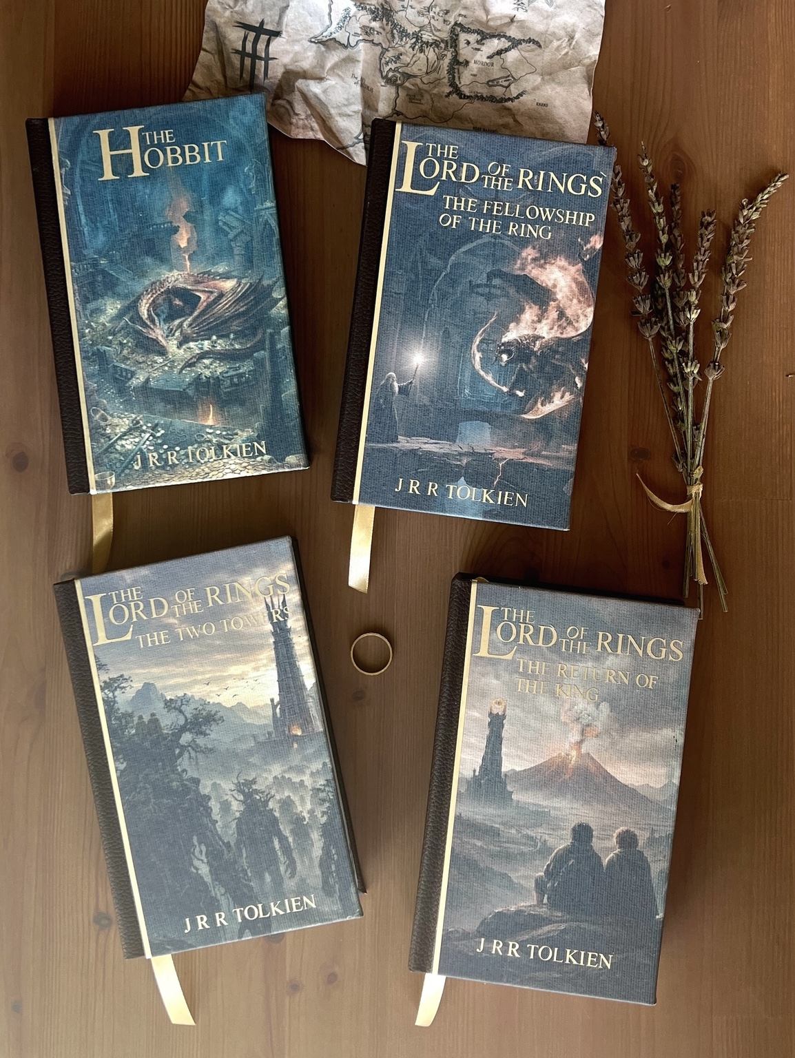 The Hobbit & The Lord of the Rings - The Complete Edition custom cover with brown faux leather, printed canvas and gold htv