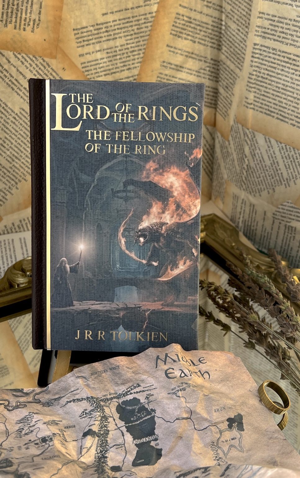 The Lord of the Rings - The Fellowship of the Ring custom cover with brown faux leather, printed canvas and gold htv