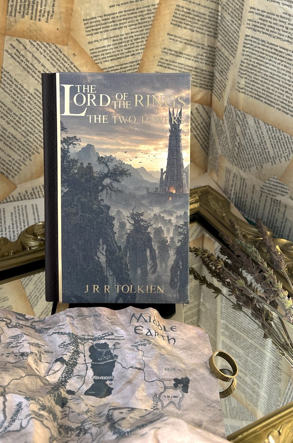 The Lord of the Rings - The Two Towers custom cover with brown faux leather, printed canvas and gold htv
